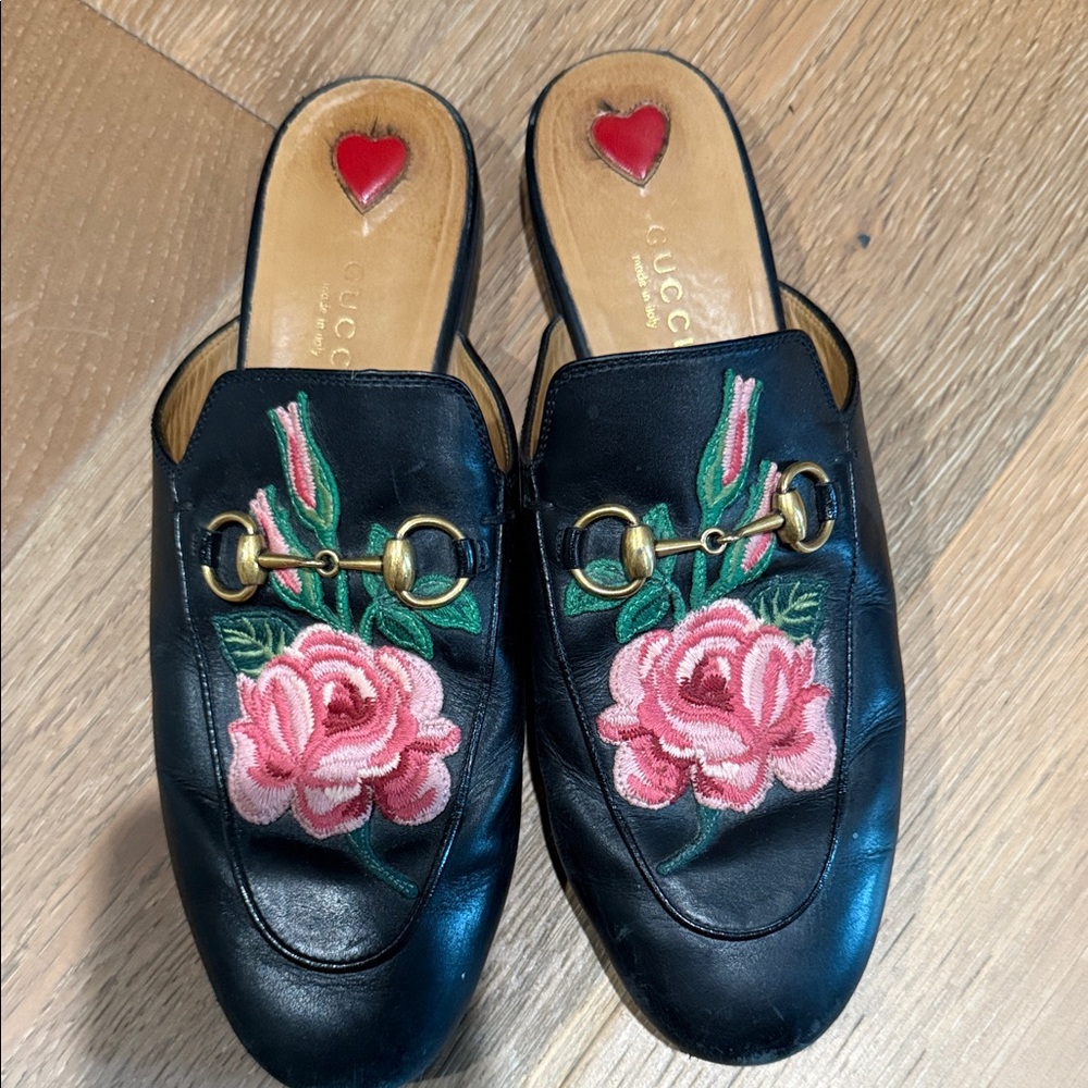 Gucci Black Mules with Pink Floral Embroidery